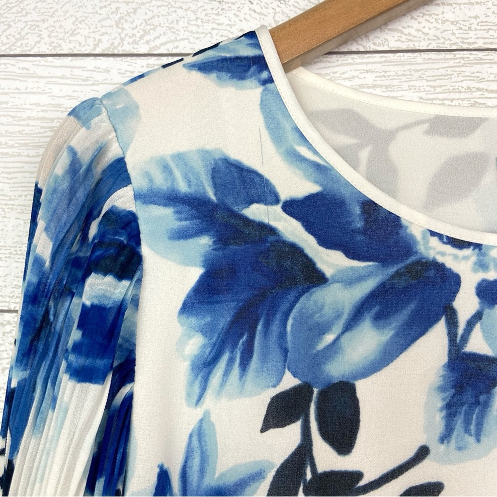 NWT TALBOTS Blue Watercolor Floral Pleated Blouson Sleeve Blouse Chiffon Medium - Picture 5 of 6